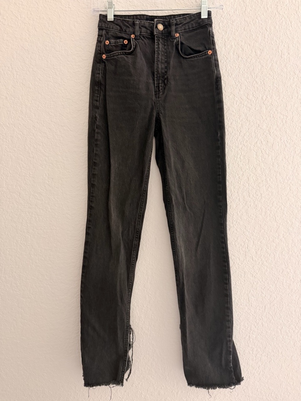 Stradivarius Washed Black High Rise Straight Jeans | Inner Slit Trendy Denim